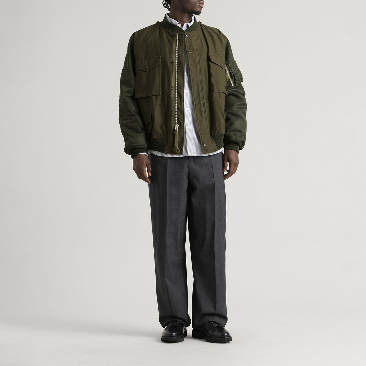 Junya Watanabe MAN Men's x Needles Cotton Satin Nylon Bomber Jacket in Khaki Mix