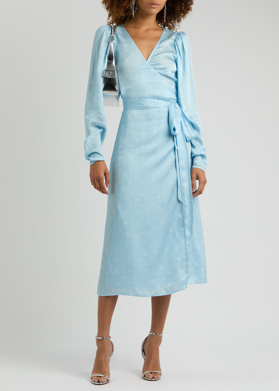 Rotate Birger Christensen Polka-dot Satin Wrap Dress Light Blue