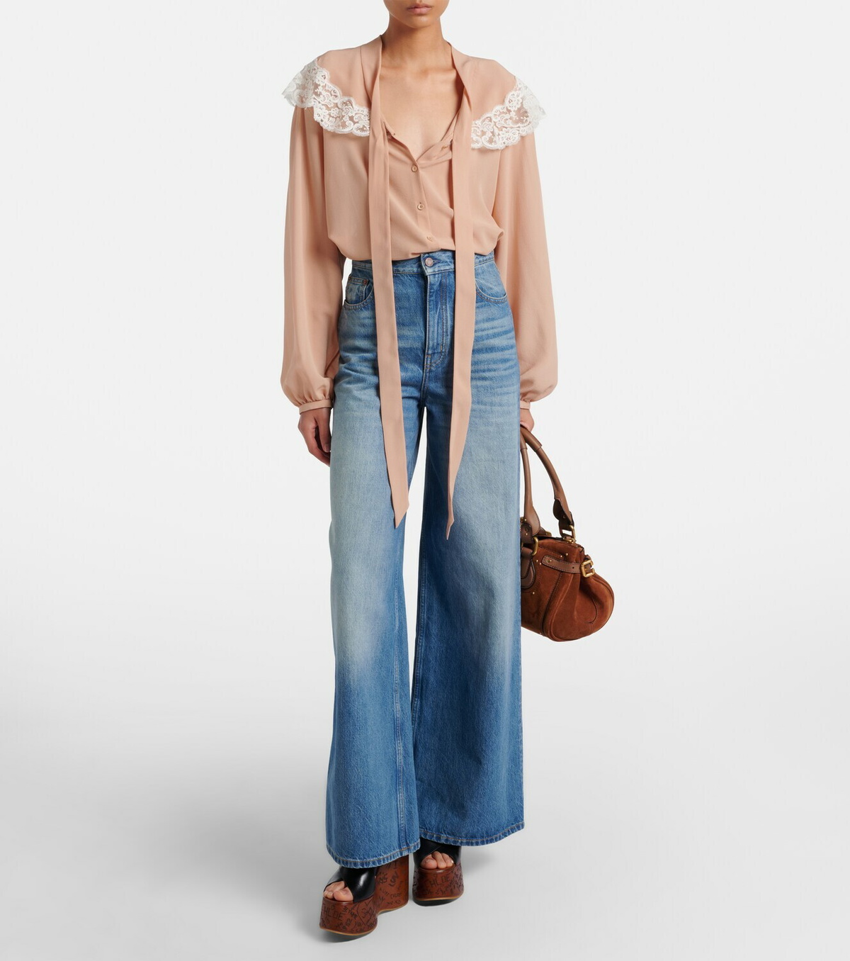 Chloé Lace-trimmed tie-neck silk blouse