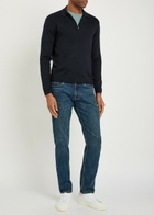 Emporio Armani Logo-embroidered Fine-knit Wool Polo Jumper Navy