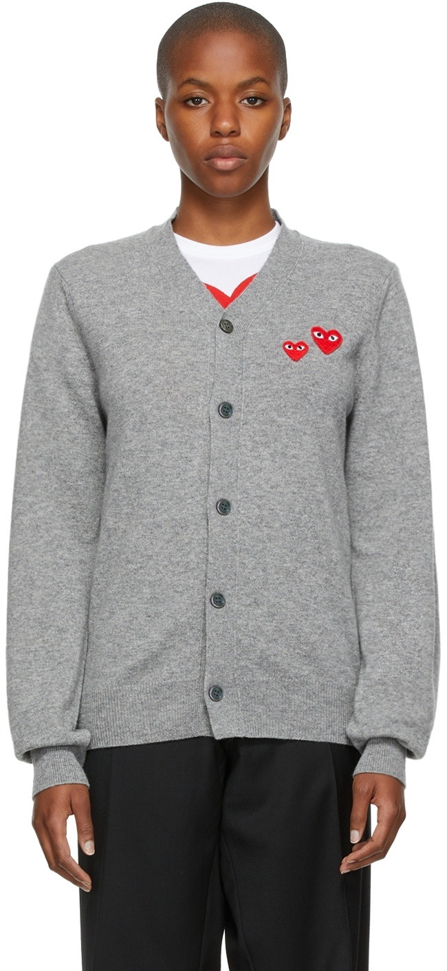 COMME des GARÇONS PLAY Grey Asymmetric Double Heart Patch Cardigan