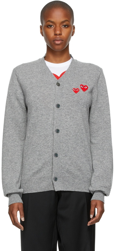 Photo: COMME des GARÇONS PLAY Grey Asymmetric Double Heart Patch Cardigan