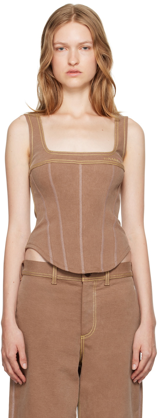 Marni Brown Contrast Stitching Denim Tank Top