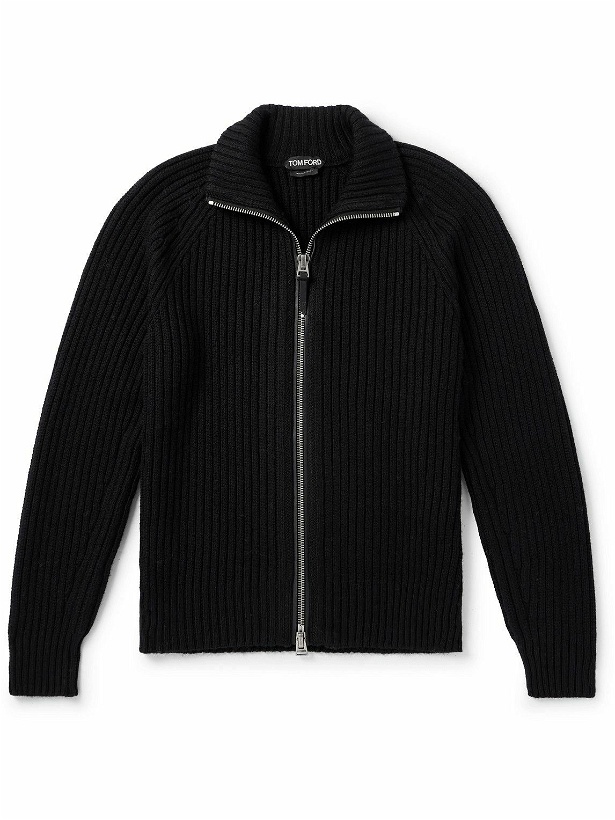 Photo: TOM FORD - Slim-Fit Ribbed Wool and Cashmere-Blend Zip-Up Cardigan - Black