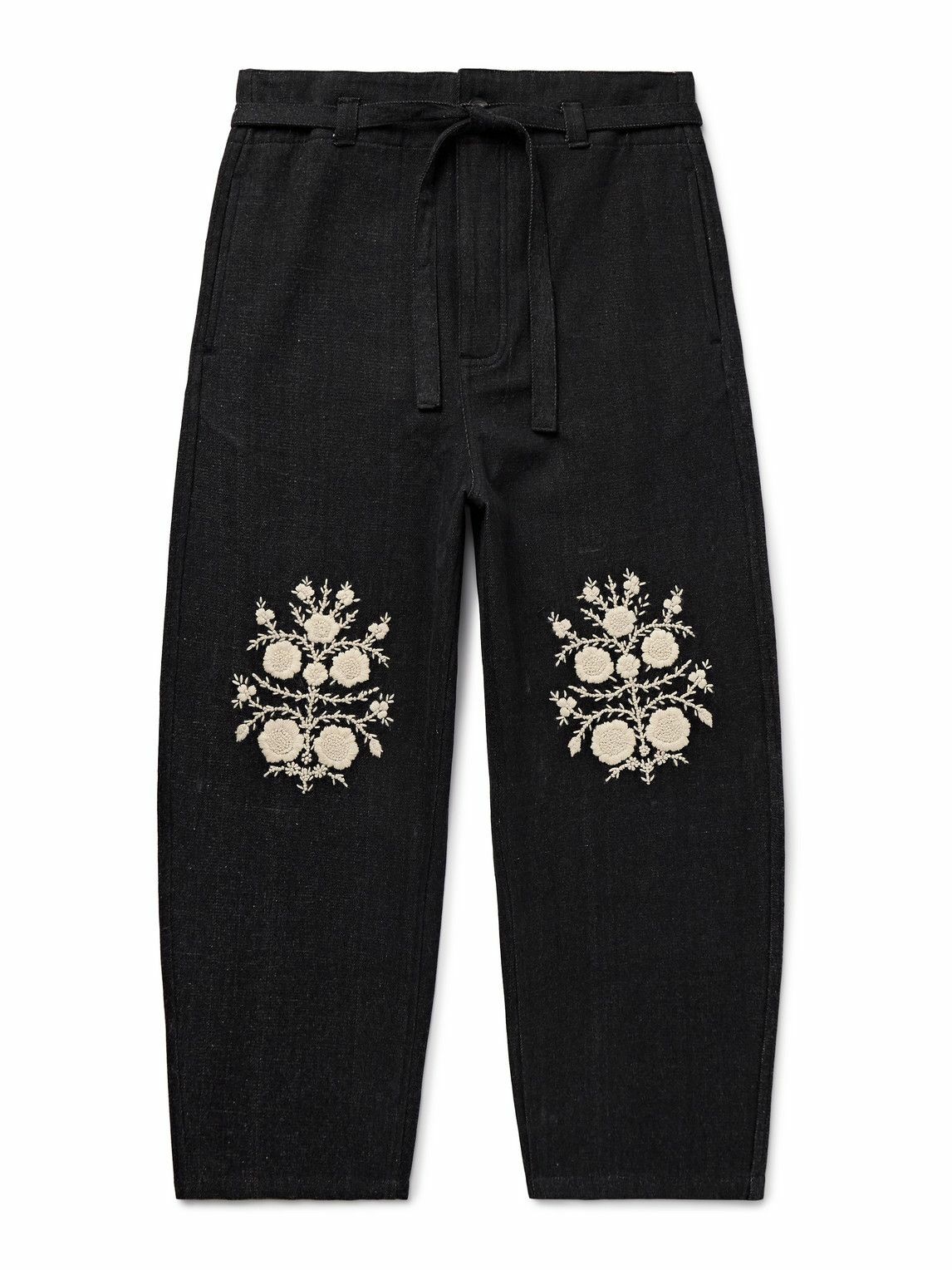 Kartik Research - Fauji Belted Embroidered Cotton-Twill Trousers - Black