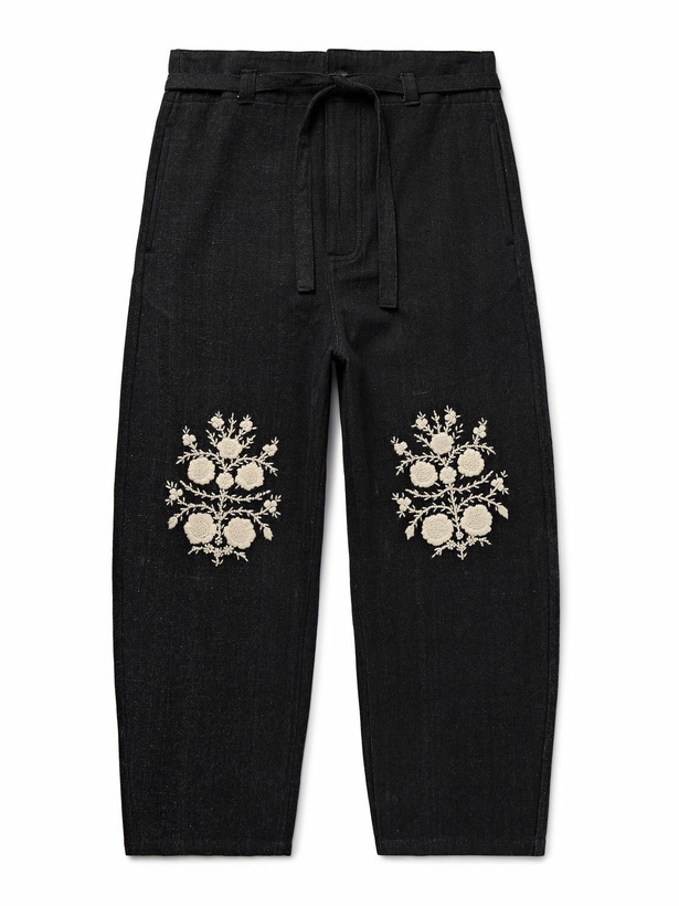 Photo: Kartik Research - Fauji Belted Embroidered Cotton-Twill Trousers - Black
