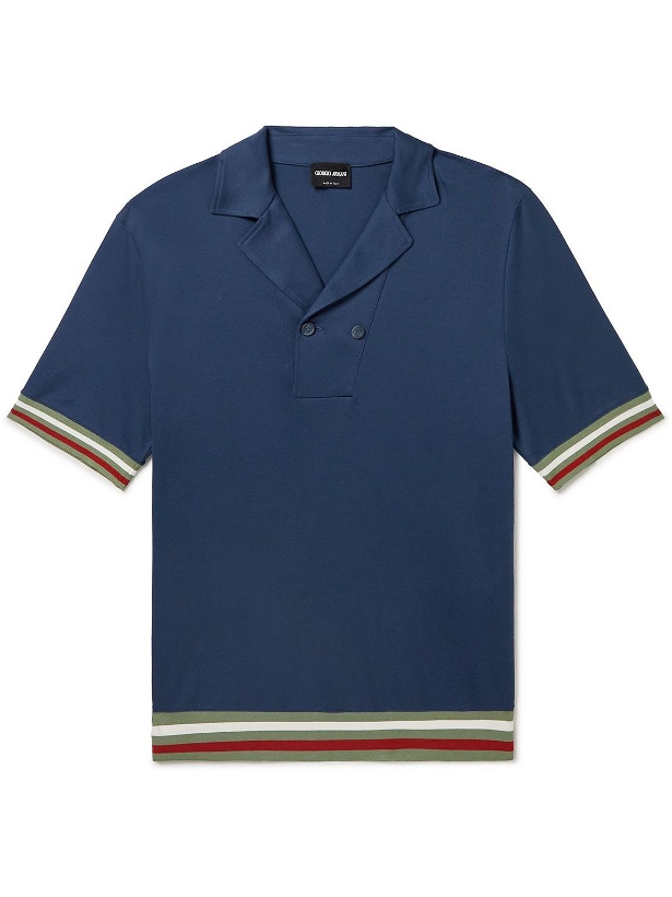 Photo: Giorgio Armani - Striped Cotton-Jersey Polo Shirt - Blue