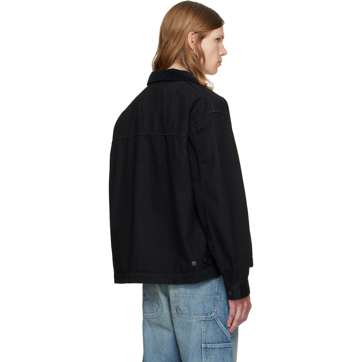vowels Black Cord Collared Zip-Up Denim Jacket