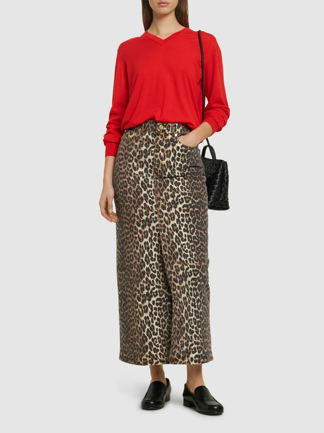 GANNI Leopard Print Denim Maxi Skirt GANNI
