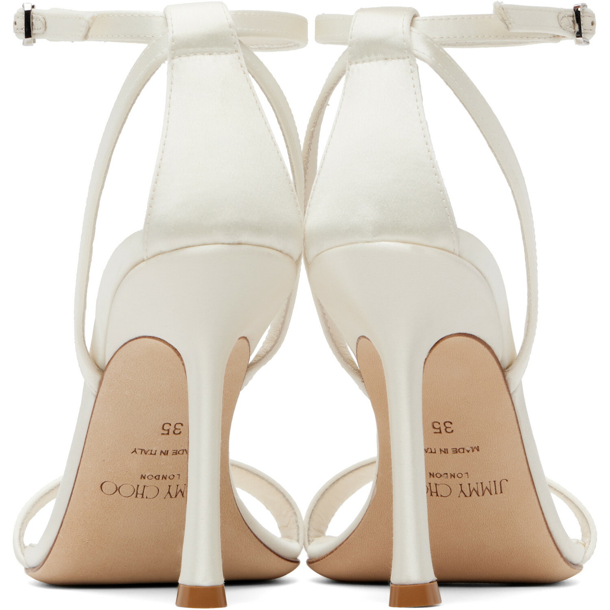 Jimmy Choo White Moza 100 Satin Crystal Buckle Heeled Sandals