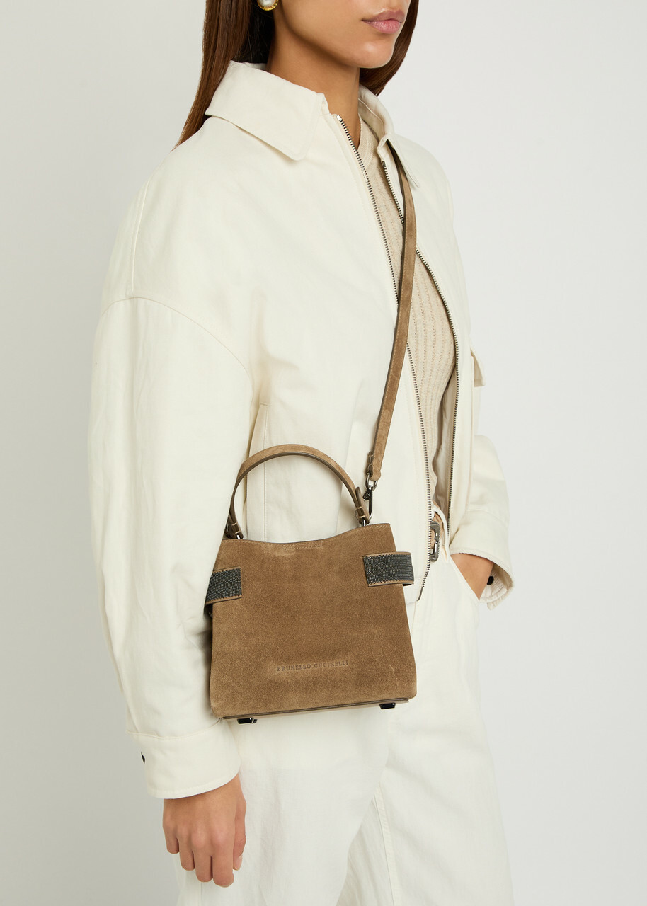 Brunello Cucinelli Mini Bead-embellished Suede top Handle bag - Dark Brown - One Size