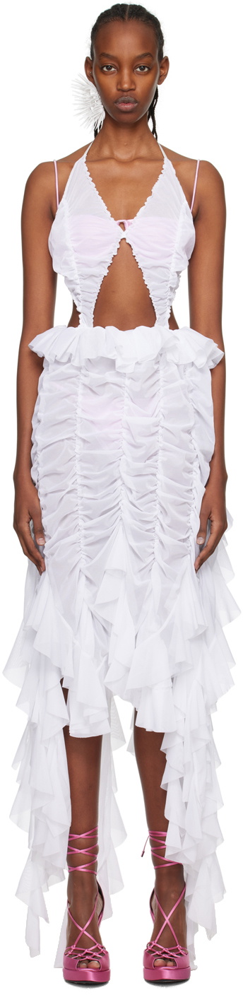 Ester Manas White Ruched Maxi Dress