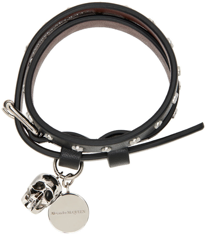 Alexander McQueen Black & Silver Double Wrap Studded Skull