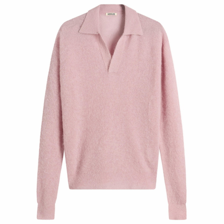 Photo: Auralee Men's Baby Suri Alpaca Sheer Knit Skipper Polo in Pink