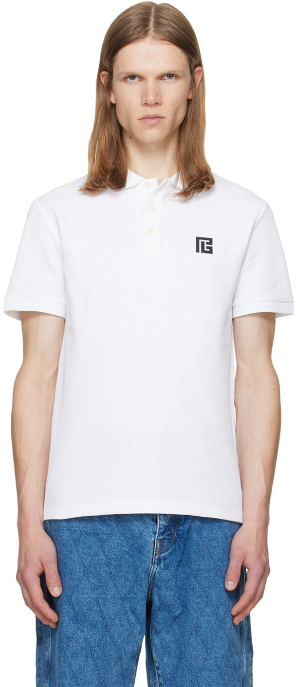 BALMAIN White Embroidered Cotton Polo