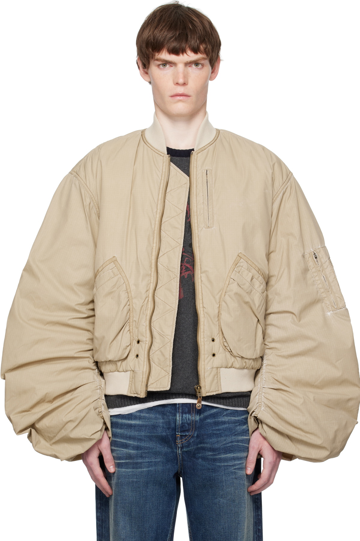 We11done Beige Washed Nylon Bomber Jacket