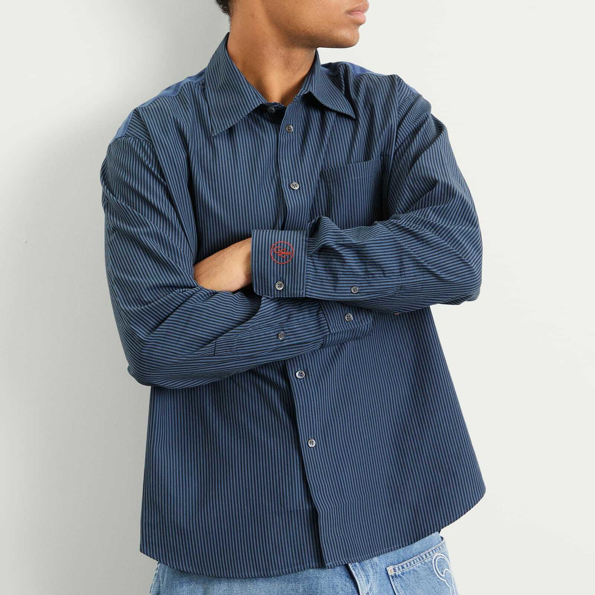 JW Anderson Men's Patchwork Striped Shirt in Navy JW Anderson
