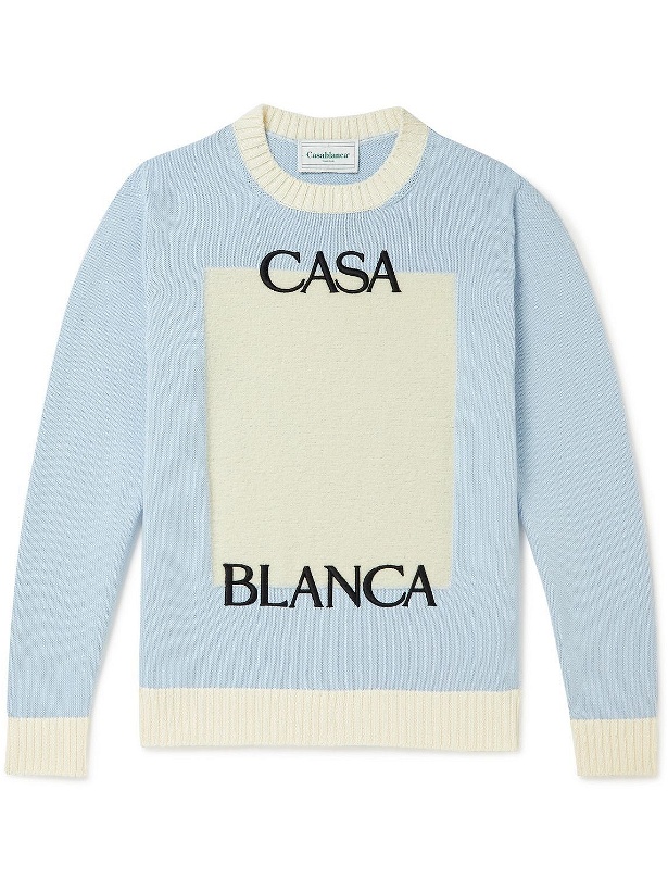 Photo: Casablanca - Logo-Embroidered Bouclé-Panelled Cotton Sweater - Blue