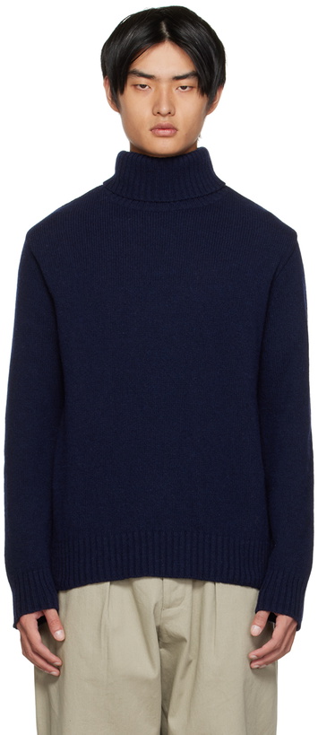 Photo: Universal Works Navy Roll Neck Turtleneck