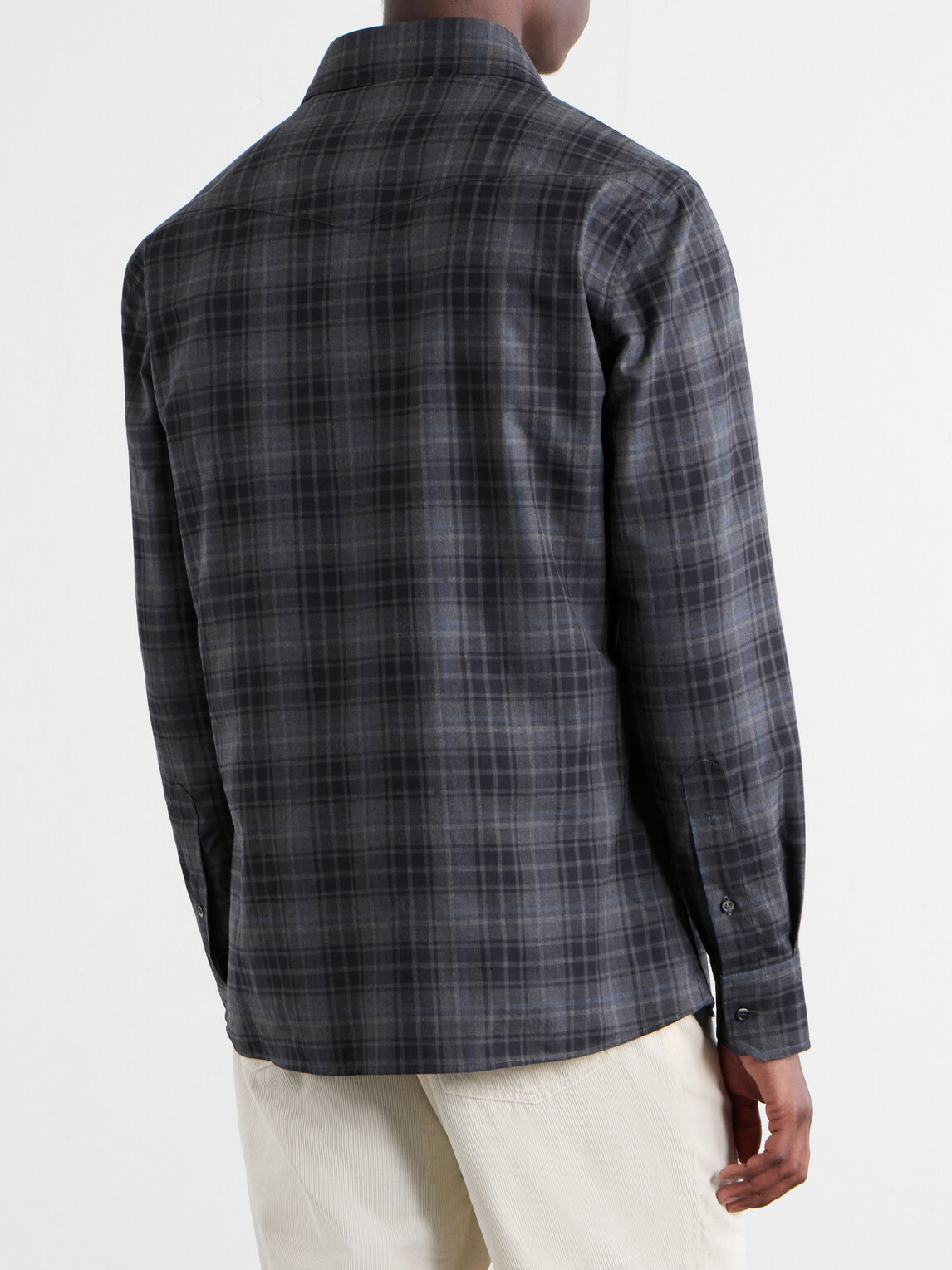 BRUNELLO CUCINELLI チェック柄シャツ スリムフィット L Brunello Cucinelli - Checked Cotton-Flannel Shirt - Gray Brunello