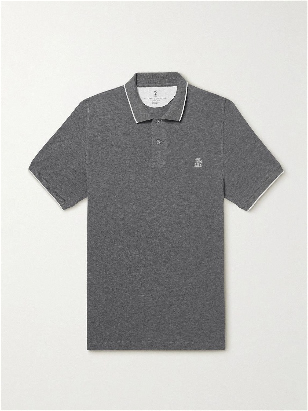 Photo: Brunello Cucinelli - Logo-Embroidered Cotton-Piqué Polo Shirt - Gray