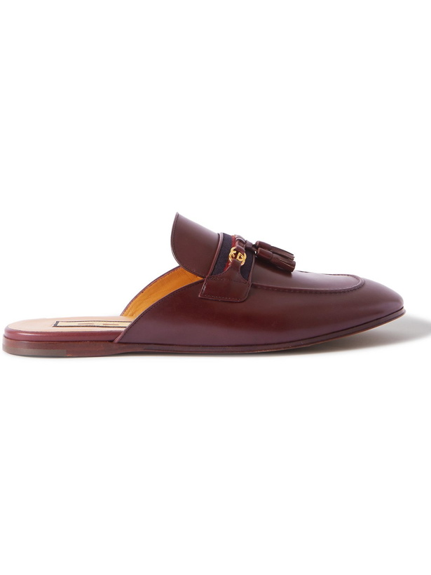 Photo: GUCCI - Webbing-Trimmed Leather Tasselled Backless Loafers - Burgundy