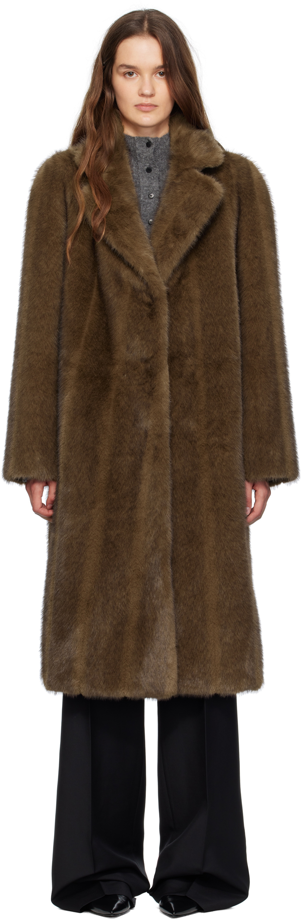 LE17SEPTEMBRE Brown Vertical Faux Fur Long Coat