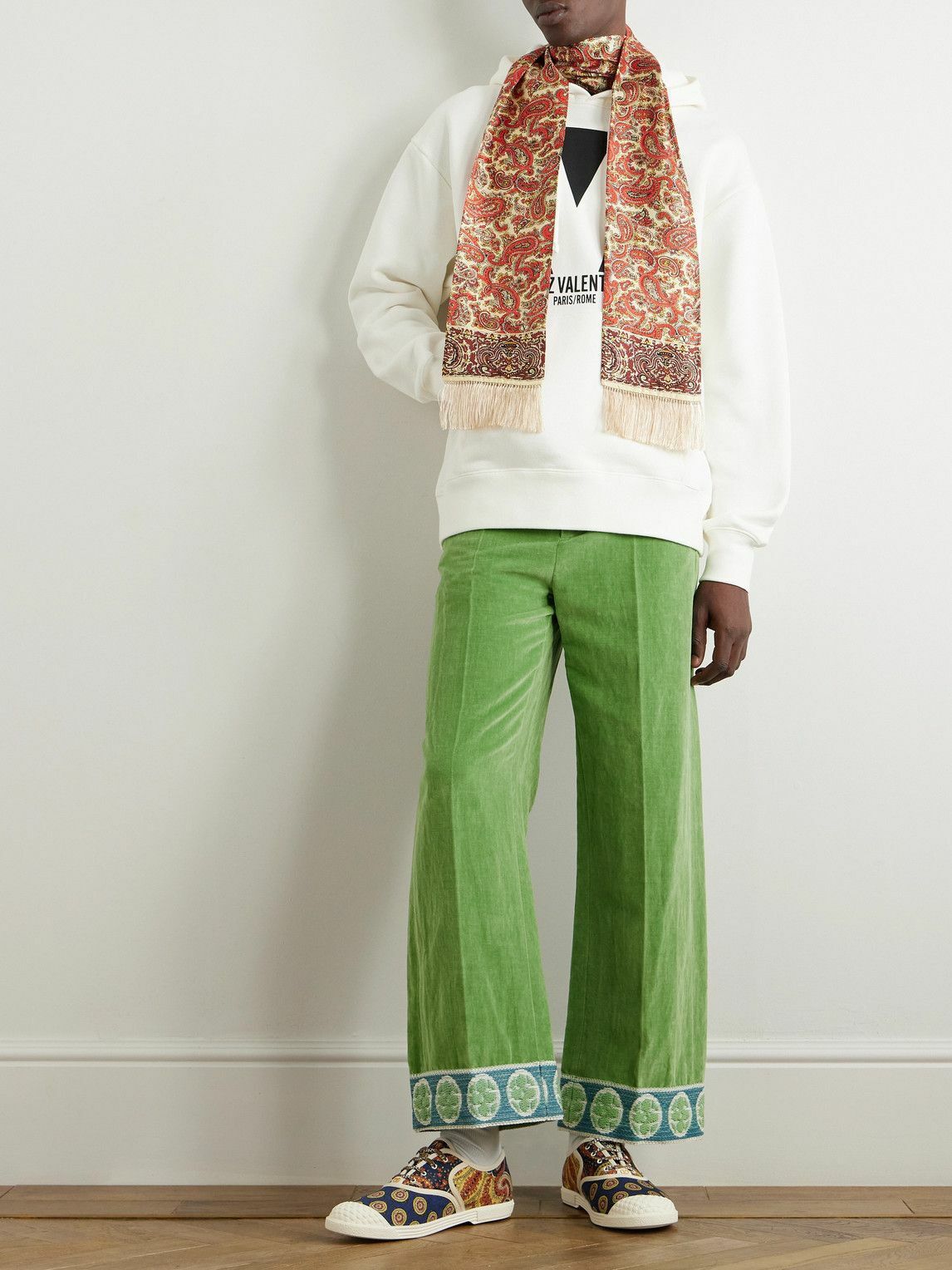 Valentino Garavani - Flared Jacquard-Trimmed Cotton and Linen-Blend Velvet Trousers - Green