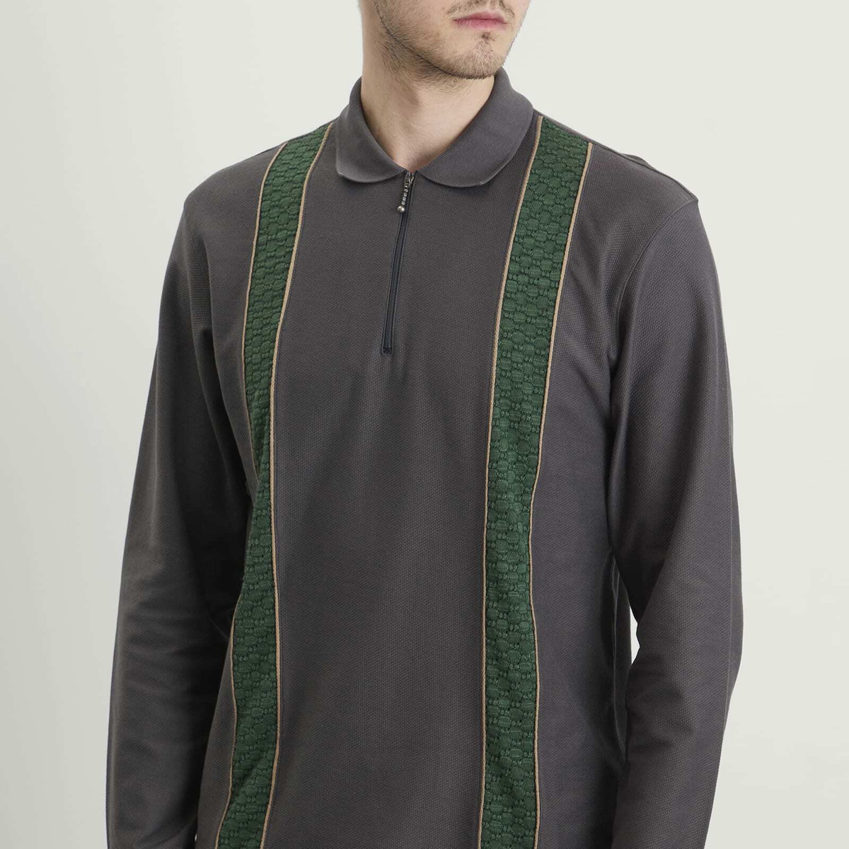 Palmes Men's Lace Long Sleeve Zip Polo in Charcoal