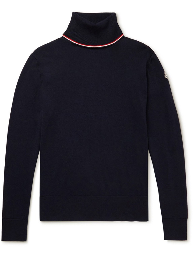 Photo: Moncler - Logo-Appliquéd Striped Virgin Wool Rollneck Sweater - Blue