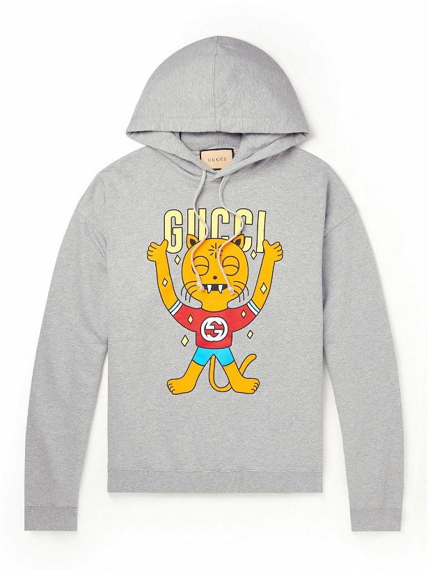 Photo: GUCCI - Printed Cotton-Jersey Hoodie - Gray