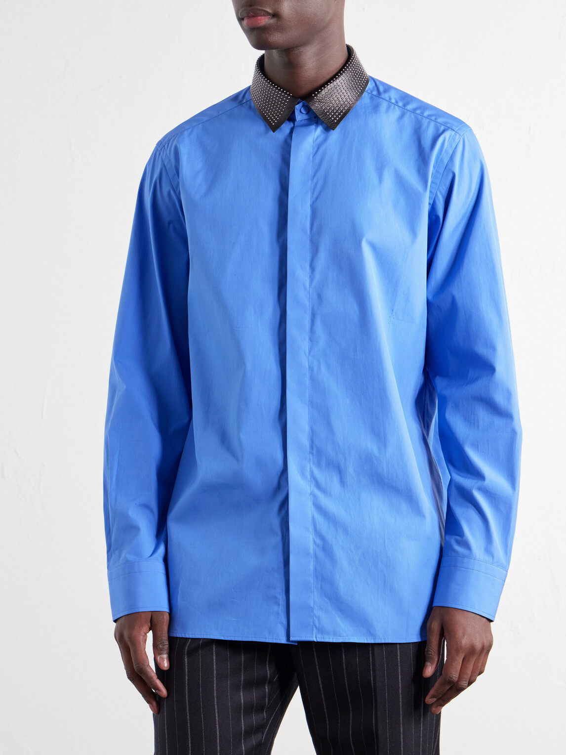 TOM FORD - Studded Leather-Trimmed Cotton-Poplin Shirt - Blue