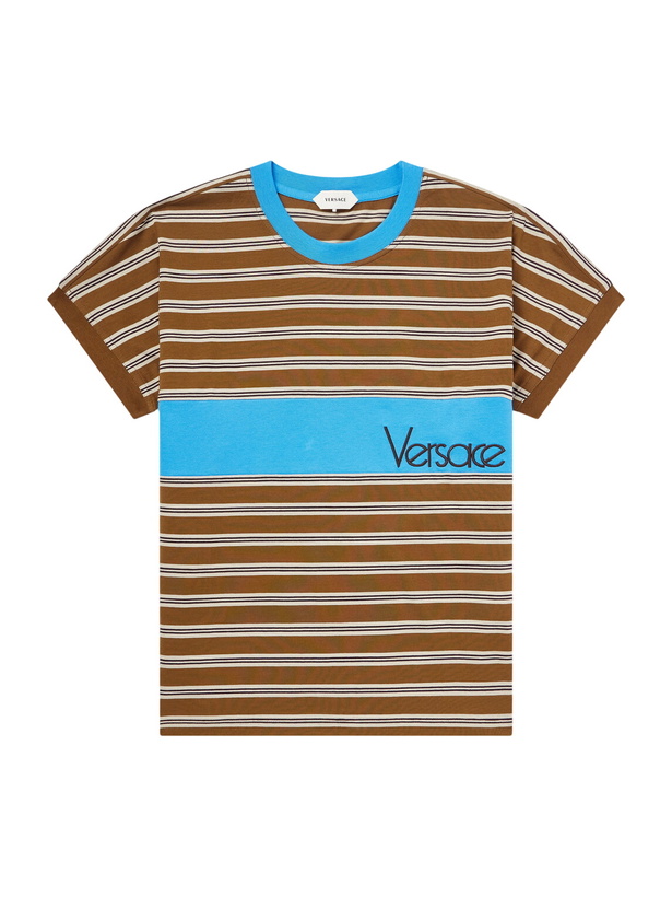 Photo: Versace - Logo-Embroidered Striped Cotton-Jersey T-Shirt - Brown