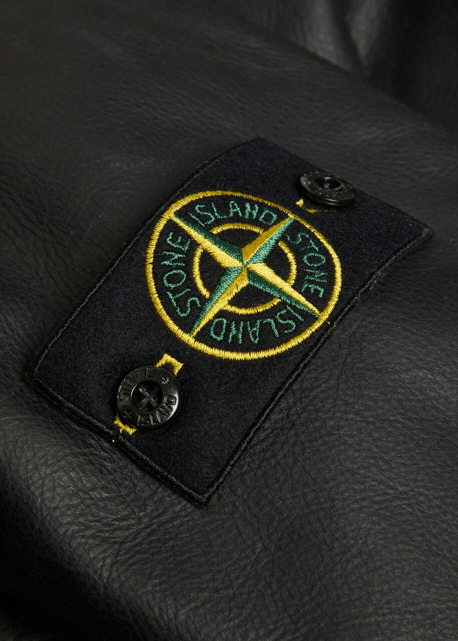 Stone Island Hooded Padded Grained Leather Jacket Black