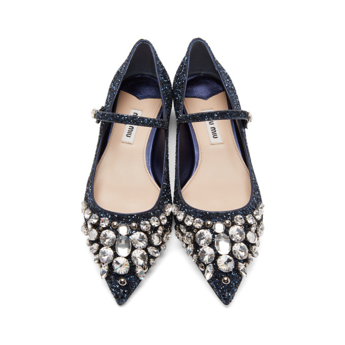 Miu Miu Blue Embellished Glitter Ballerina Flats Miu Miu