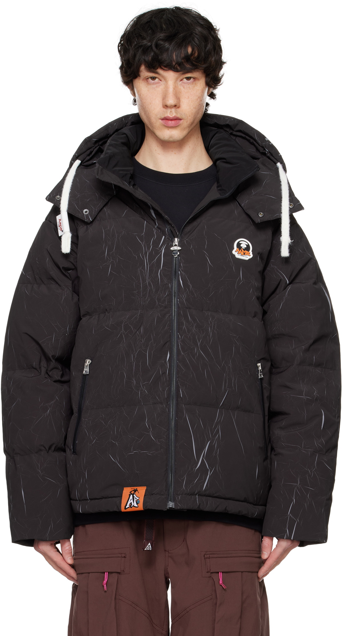 AAPE by A Bathing Ape Black Moonface Logo Camo Hooded Down Jacket