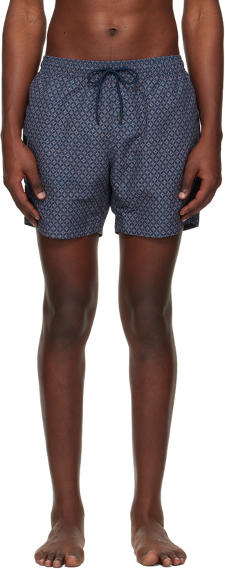 Photo: BOSS Navy & Orange Micro-Print Swim Shorts