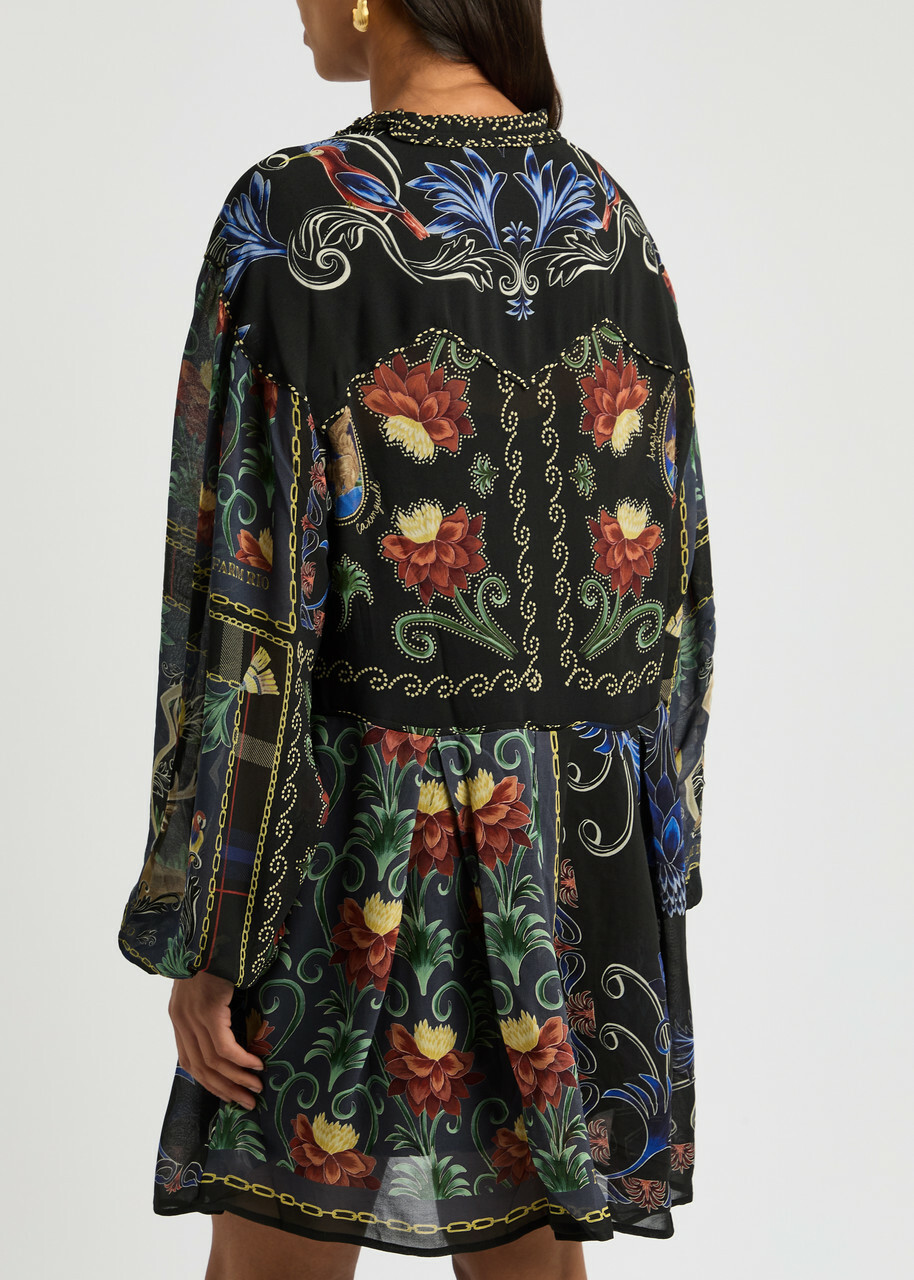 Farm Rio Patchwork-print Georgette Mini Dress Black