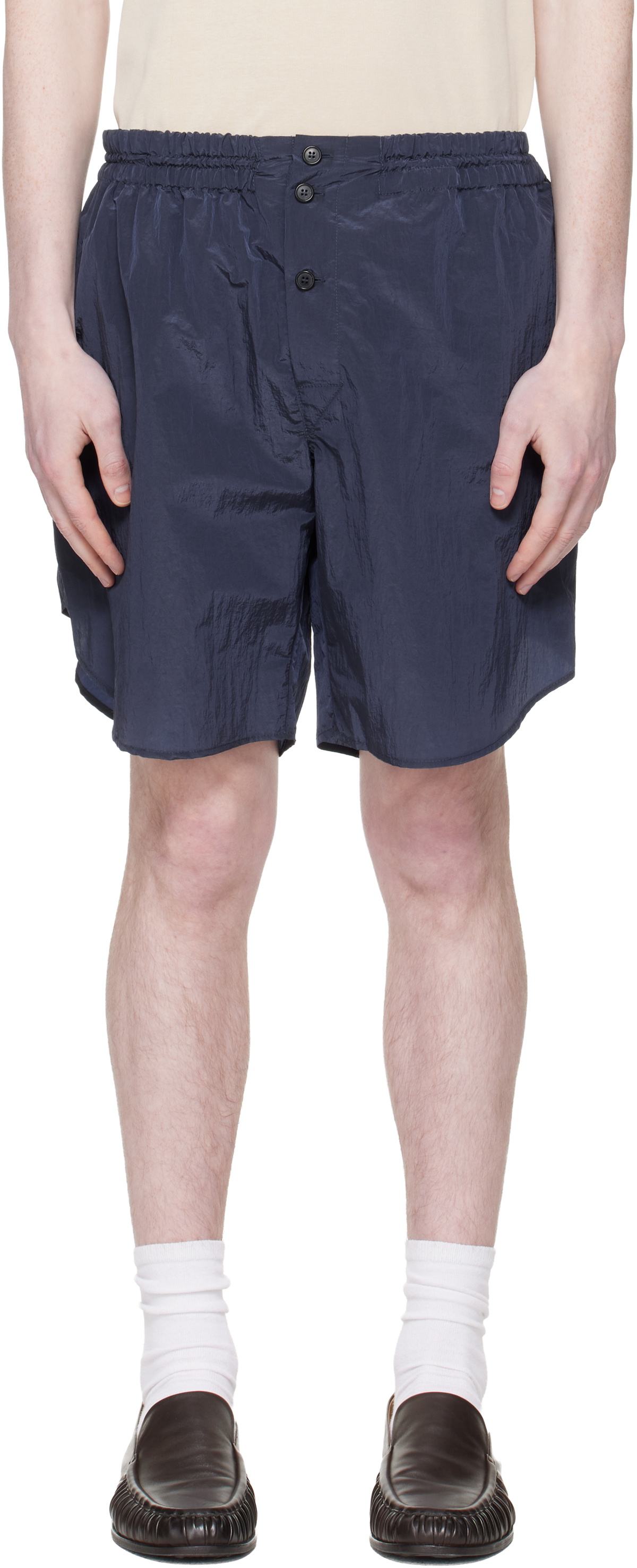 Hed Mayner Navy Curved Shorts