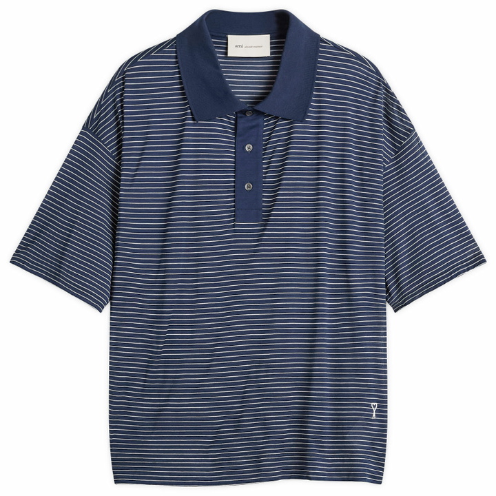 Photo: AMI Paris Men's Striped Boxy Fit Polo With Ami De Coeur Patch in Encre/Blanc