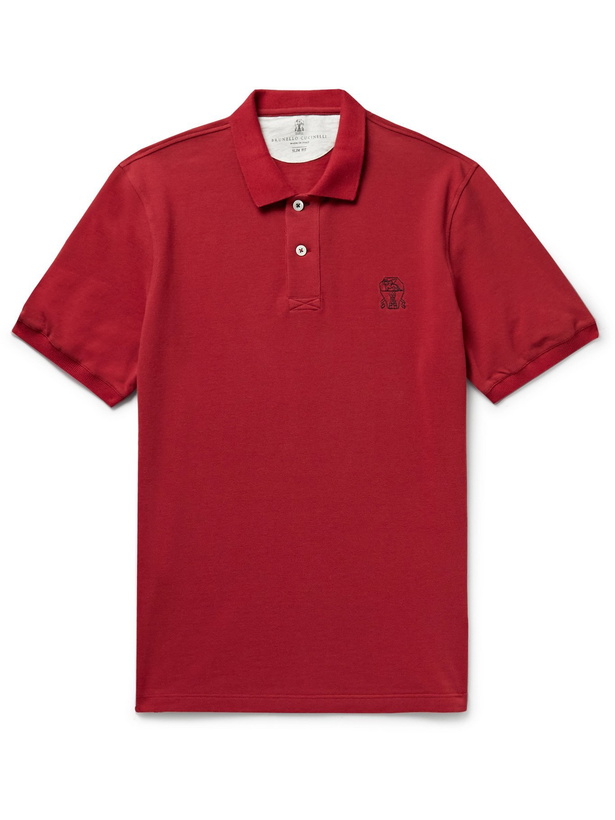 Photo: BRUNELLO CUCINELLI - Slim-Fit Logo-Embroidered Cotton-Piqué Polo Shirt - Burgundy