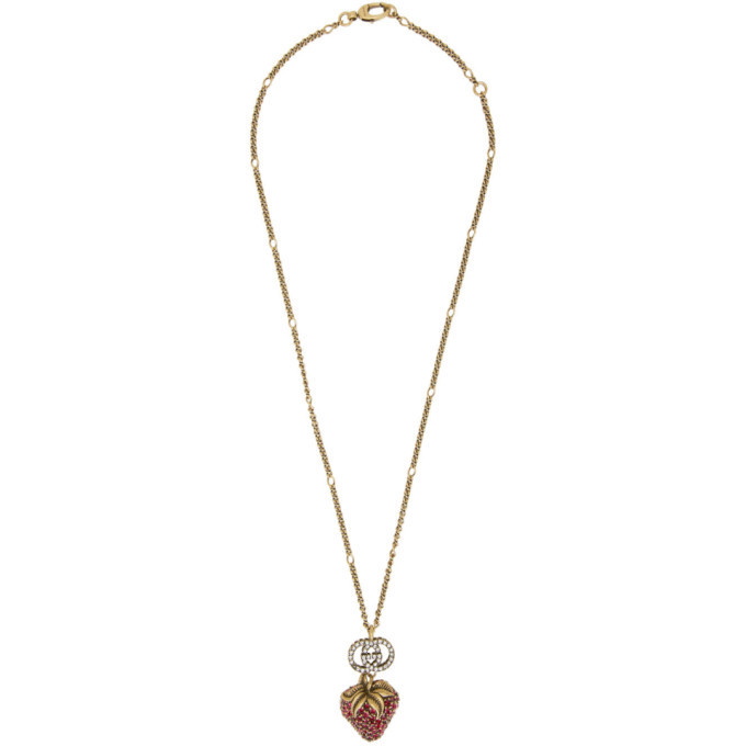 Women's Gucci Red Crystals Strawberry Pendant Yellow Gold Link Chain  Trimming Luxury Large Logo Paved Diamonds