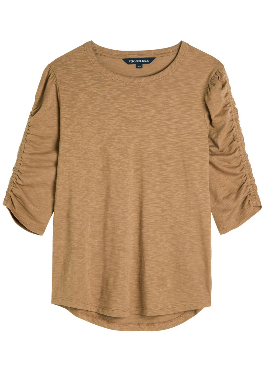 Veronica Beard Waldorf Ruched Slubbed Cotton T-shirt Light Tan
