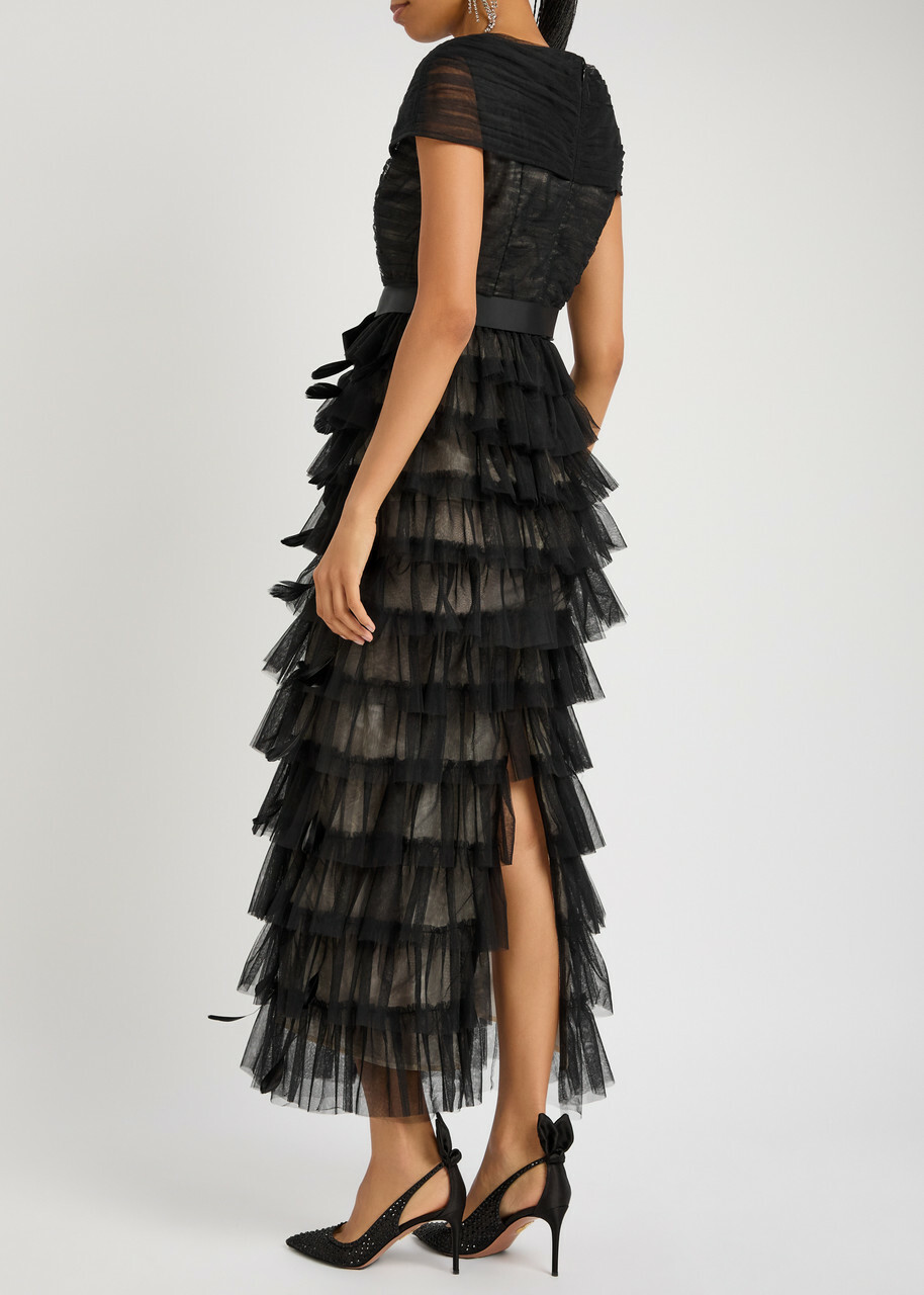 Huishan Zhang Michelle Feather-embellished Tulle Midi Dress Black
