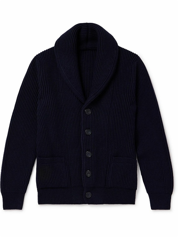 Photo: Anderson & Sheppard - Shawl-Collar Ribbed Wool and Cashmere-Blend Cardigan - Blue
