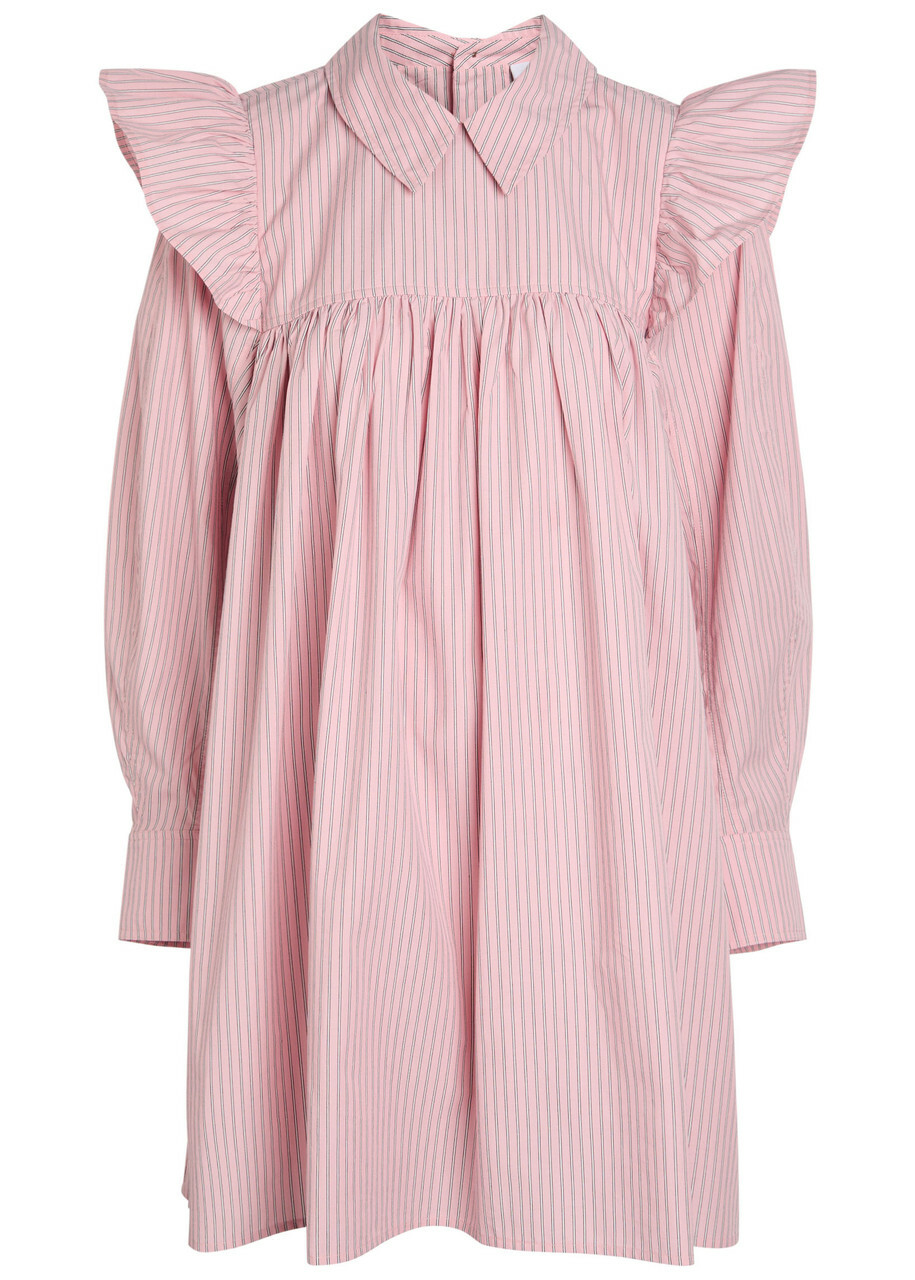 Ganni Striped Cotton-poplin Mini Shirt Dress Light Pink