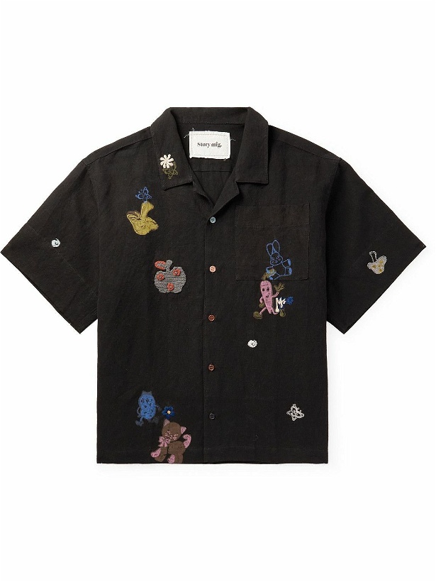 Photo: Story Mfg. - Greetings Camp-Collar Printed Embroidered Cotton and Linen-Blend Shirt - Black