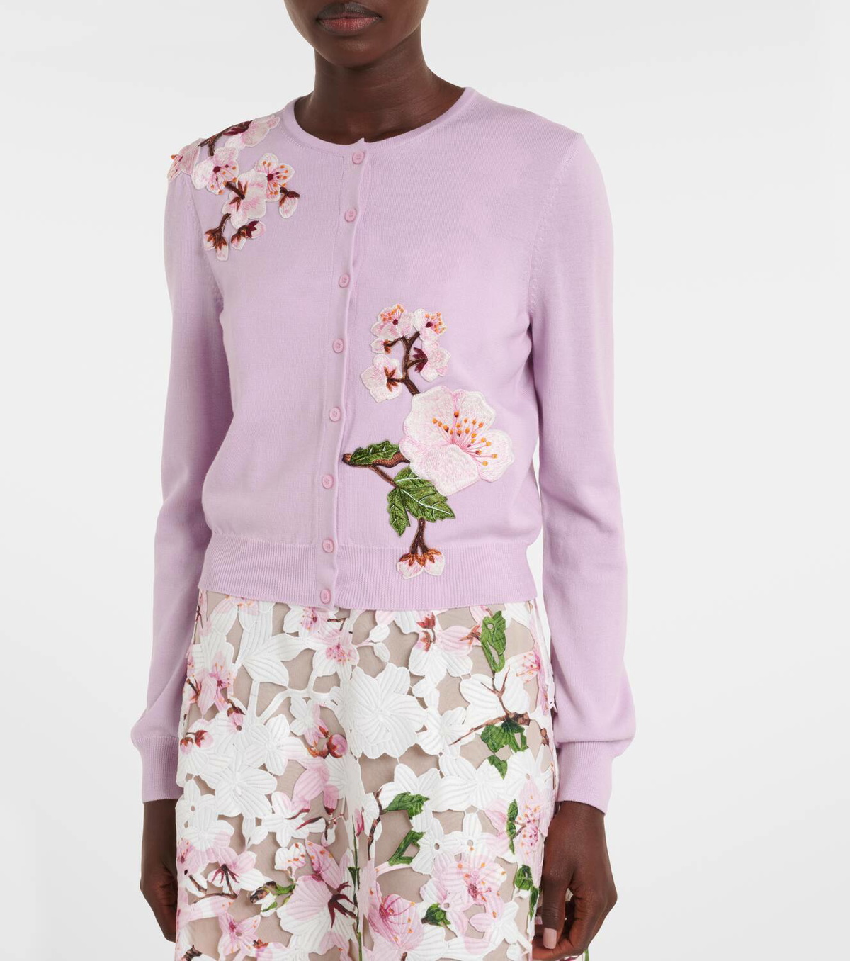 Oscar de la Renta Floral-appliqué virgin wool cardigan