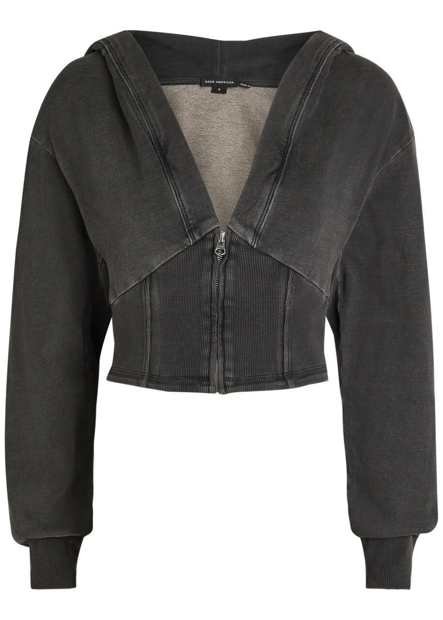 Good American Jeanius Cropped Hooded Cotton Sweatshirt Black