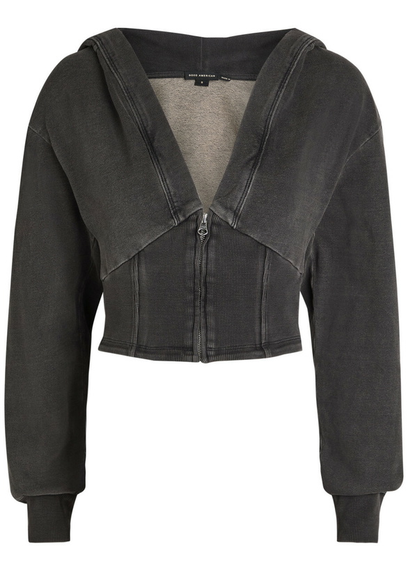 Photo: Good American Jeanius Cropped Hooded Cotton Sweatshirt Black